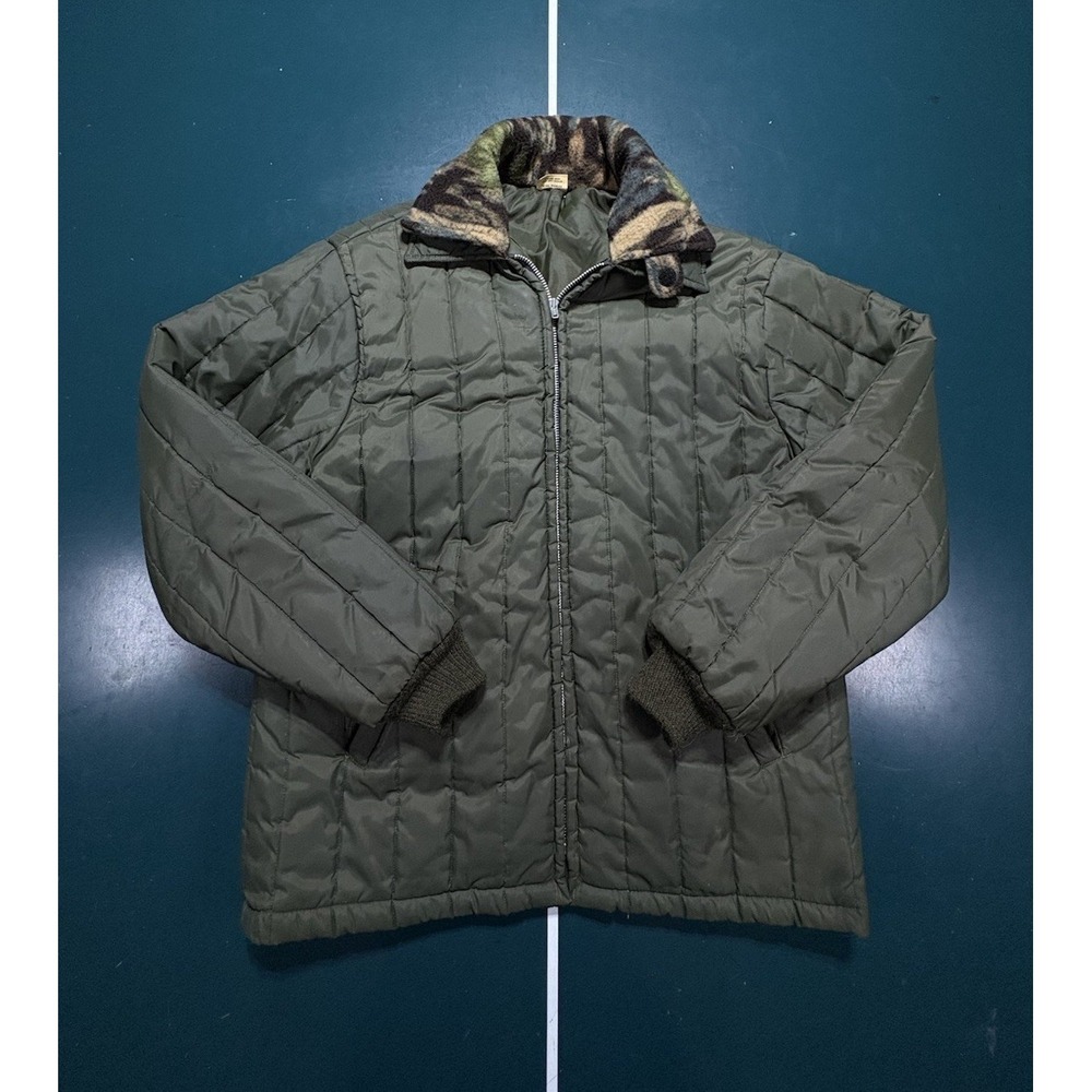 Vintage Sears Work Leisure Jacket Men Medium Green Camo Quilted Nylon Puffer 70s